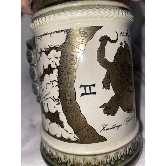 Vintage Gerzit Gerz Beer Stein Mug Lid W Germany Zodiac Cherub Gold Ceramic - Picture 8 of 11